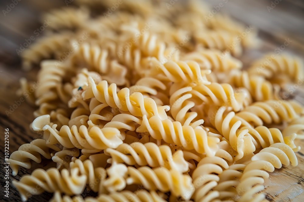 a close-up shot of numerous uncooked fusilli pasta pieces. a close-up shot of numerous uncooked fusilli pasta pieces.