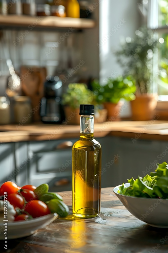 Extra virgin olive oil bottle glowing in natural kitchen light with fresh tomatoes and herbs, ideal for mediterranean cuisine, healthy cooking and food lifestyle photography. Extra virgin olive oil bottle glowing in natural kitchen light with fresh tomatoes and herbs, ideal for mediterranean cuisine, healthy cooking and food lifestyle photography.