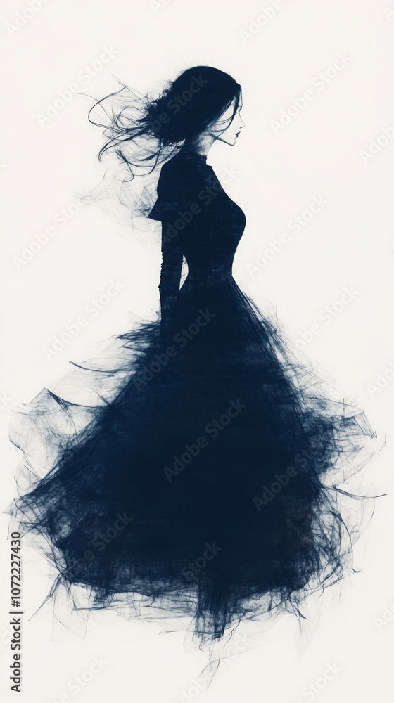 Fototapeta premium Elegant silhouette illustration of a woman in a flowing gown, evoking mystery and grace. Perfect for fashion, art, and abstract concepts.