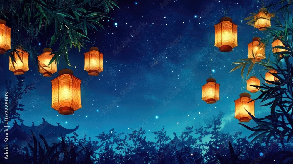 Fototapeta premium Traditional lanterns glowing in a serene night sky, creating a peaceful, festive New Year atmosphere 
