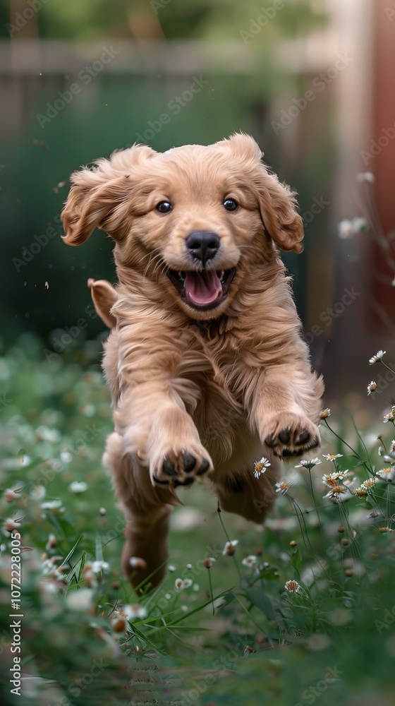 Obraz premium A cute golden retriever puppy is running in a field of flowers