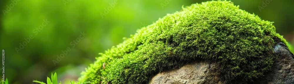 A close-up of a moss-covered rock in a lush green environment. A close-up of a moss-covered rock in a lush green environment.