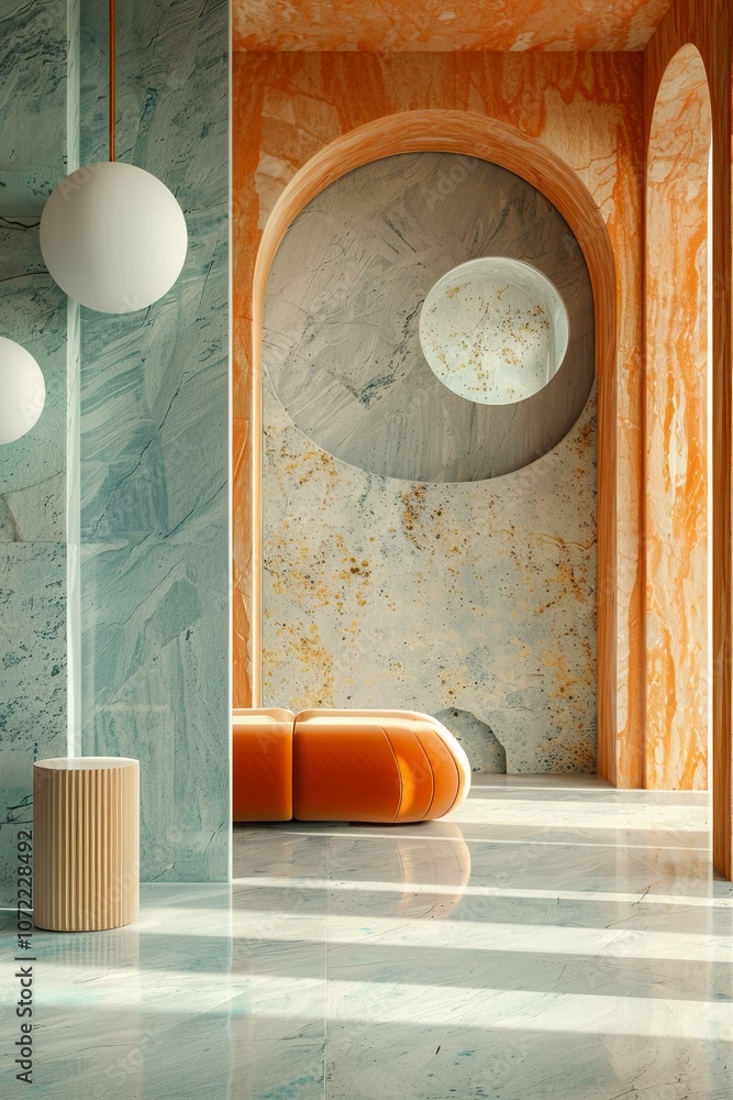 Obraz premium Modern Interior Design with Orange Sofa and Marble Walls