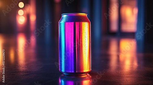 A single aluminum can in a colorful neon light, reflecting the light off a glossy surface. photo