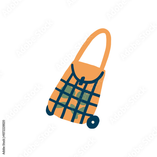Fabric Shopping Trolley Bag on Wheels of Fruit Food Products Isolated on White Background. Vector Illustration in Hand Drawn Style