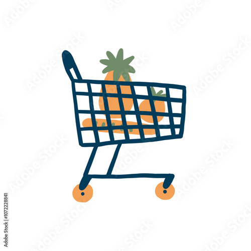 Grocery Shopping Cart. Hand Drawn Pushcart with Fruit and Bread Products. Simple Vector Supermarket Retail Object Illustration