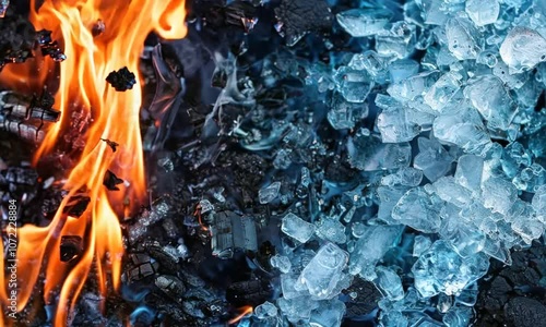 Contrast of ice and flame, cold and warm colors, coldness and warmness. Pieces cubes of ice and fire. Power of nature. battle of the elements