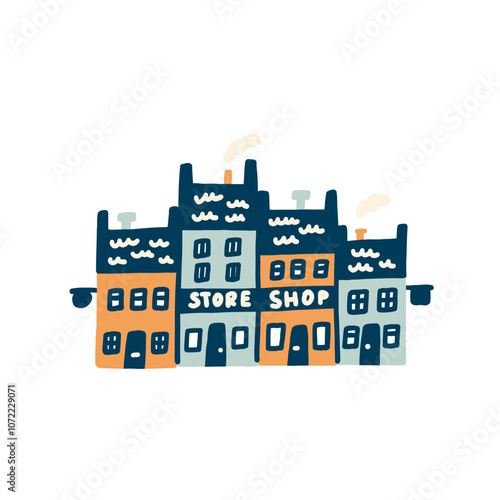 Storefront facade buildings isolated on white background. Architecture store shop small local business. Vector illustration in naive hand drawn style