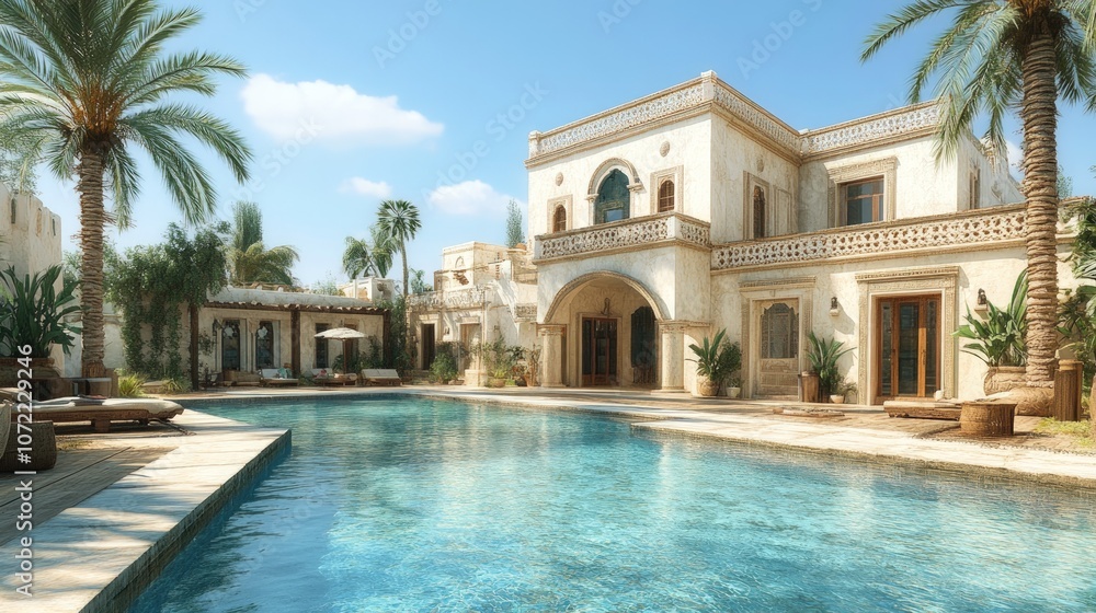 Fototapeta premium A beautiful white villa with a swimming pool and palm trees in the background.