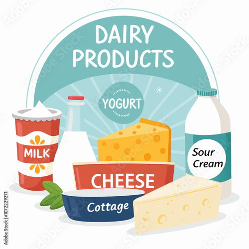 Vibrant vector illustration of dairy products showcasing milk, cheese, yogurt, and sour cream on a white background