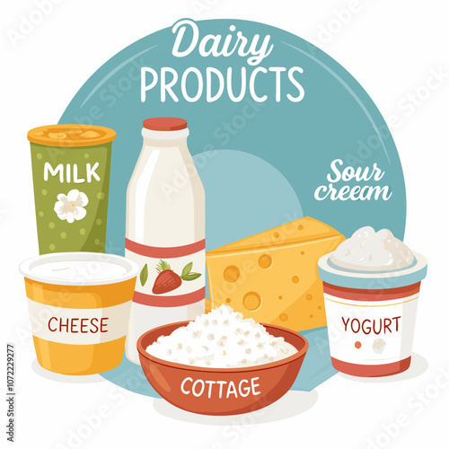 Bright vector illustration of dairy products featuring milk, cheese, yogurt, and sour cream on a white background