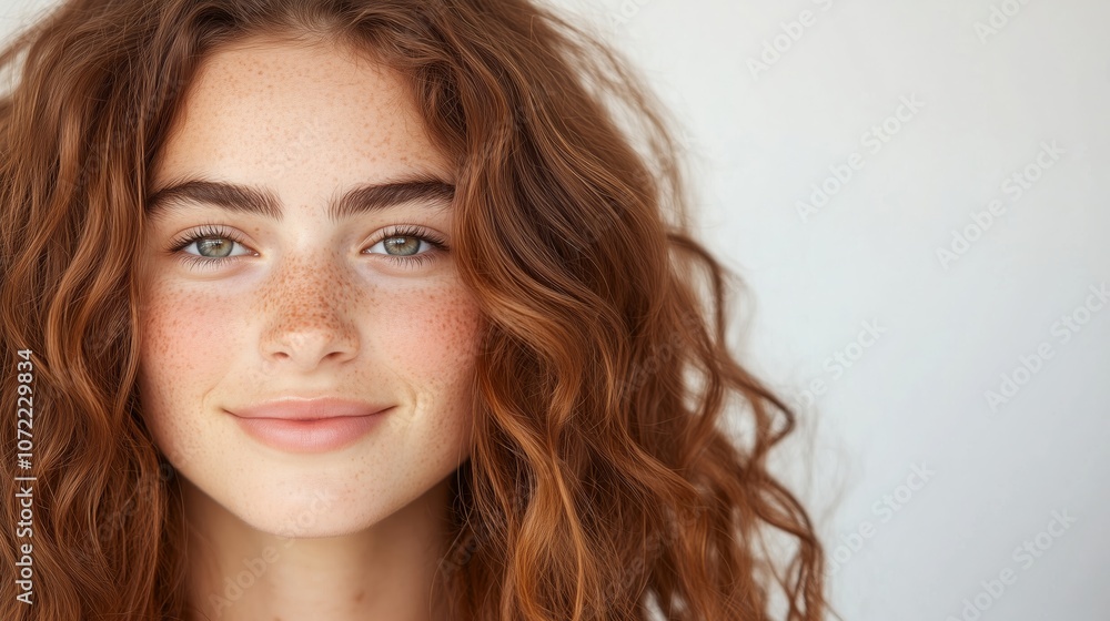 Portrait of a young woman with vibrant red curly hair, natural freckles, and soft makeup, showcasing beauty, confidence, and healthy hair. Portrait of a young woman with vibrant red curly hair, natural freckles, and soft makeup, showcasing beauty, confidence, and healthy hair.