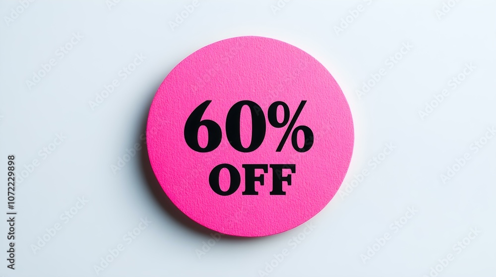 Black '60% OFF' Text on a Pink Round Paper Note. White Background with Copy Space Black '60% OFF' Text on a Pink Round Paper Note. White Background with Copy Space