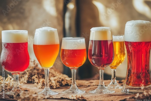 Assortment of colorful craft beers in glasses on a rustic wooden table