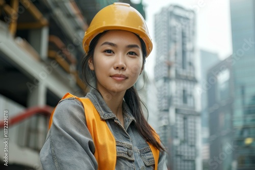 Asian Female Construction Worker in Urban Setting photo