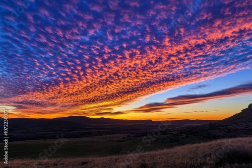 Breathtaking Sunset Landscape with Dramatic Sky over Rolling Hills Background