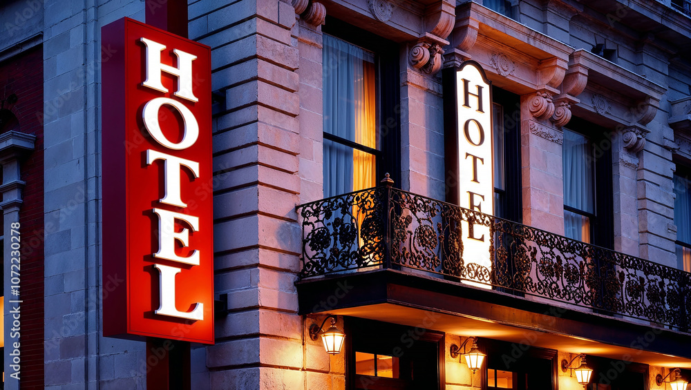 Classic hotel entrance with illuminated signage and ornate ironwork. Classic hotel entrance with illuminated signage and ornate ironwork.