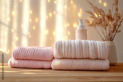 Soft Knitted Sweaters On Wooden Table With Warm Lighting