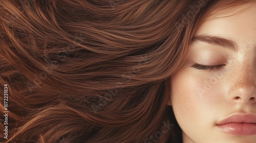 Portrait of a young woman with vibrant red curly hair, natural freckles, and soft makeup, showcasing beauty, confidence, and healthy hair.