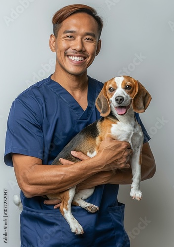 Portrait of a happy veterinarian holding a beagle