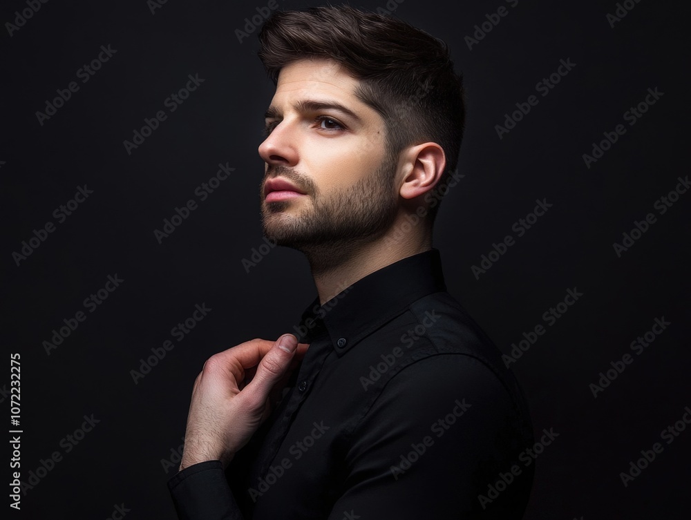 Serious man in black suit looking away Serious man in black suit looking away