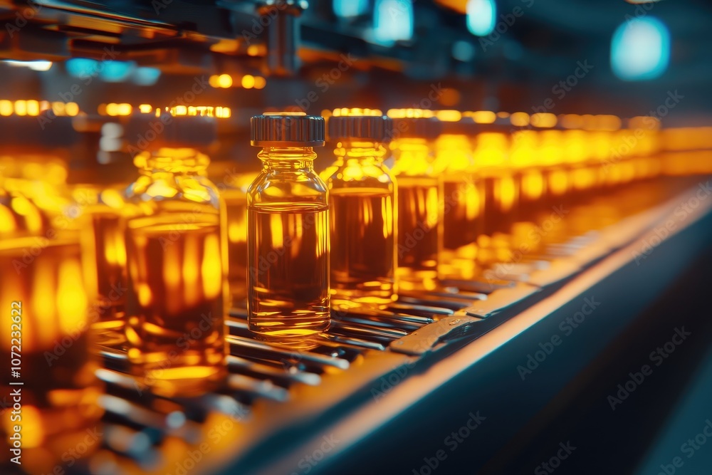 Bottles of Multivitamin Supplements on Conveyor Belt in Modern Medicine Factory, Warm Lighting Bottles of Multivitamin Supplements on Conveyor Belt in Modern Medicine Factory, Warm Lighting