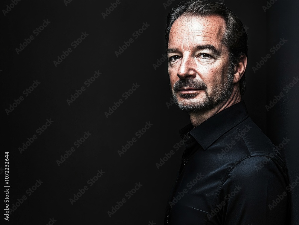 Fototapeta premium Serious man with beard looking at camera against dark background