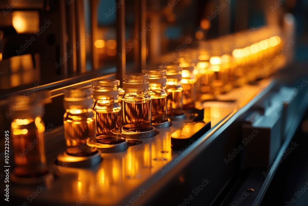 Bottles of Multivitamin Supplements on Conveyor Belt in Modern Medicine Factory, Warm Lighting Bottles of Multivitamin Supplements on Conveyor Belt in Modern Medicine Factory, Warm Lighting