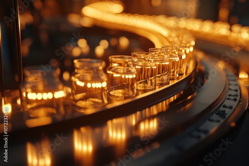 Bottles of Multivitamin Supplements on Conveyor Belt in Modern Medicine Factory, Warm Lighting