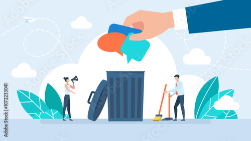 A man throws other people's thoughts and beliefs into the trash. Ignore people's views. Trash Talk Message. A hand throwing a speech bubble in a waste bin, a censorship concept. Vector illustration.