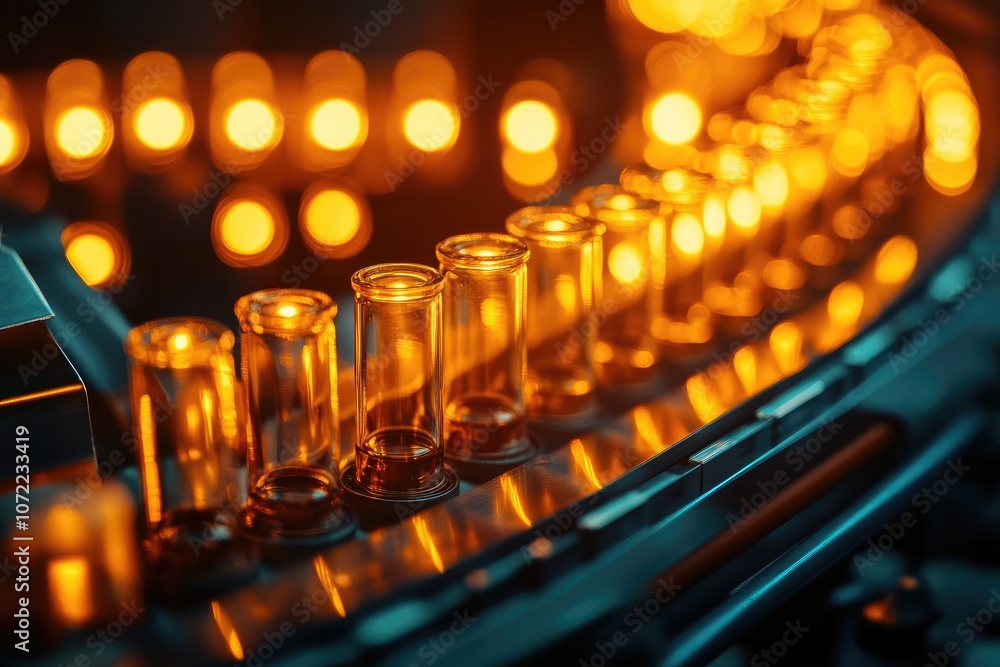 Bottles of Multivitamin Supplements on Conveyor Belt in Modern Medicine Factory, Warm Lighting Bottles of Multivitamin Supplements on Conveyor Belt in Modern Medicine Factory, Warm Lighting
