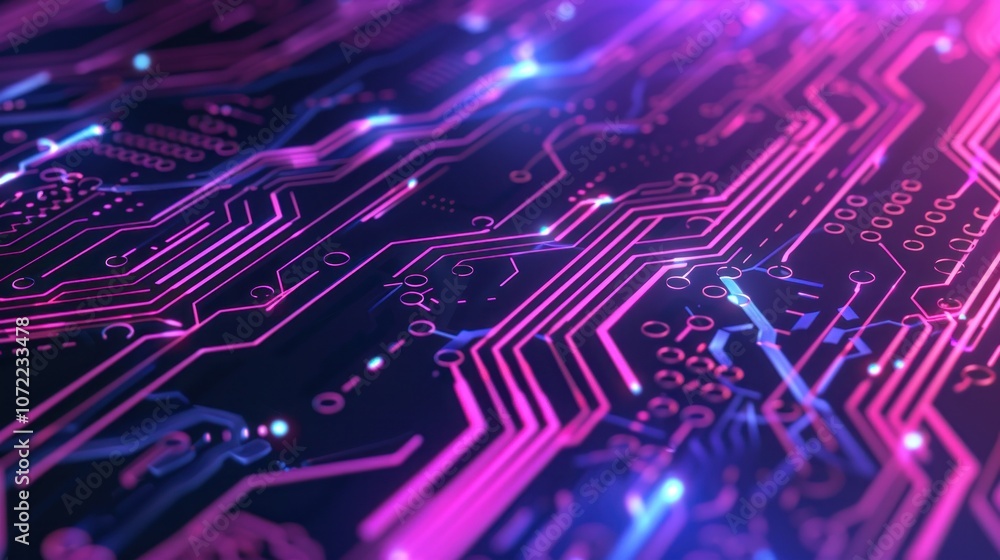 A colorful electronic circuit board with purple and blue lines A colorful electronic circuit board with purple and blue lines