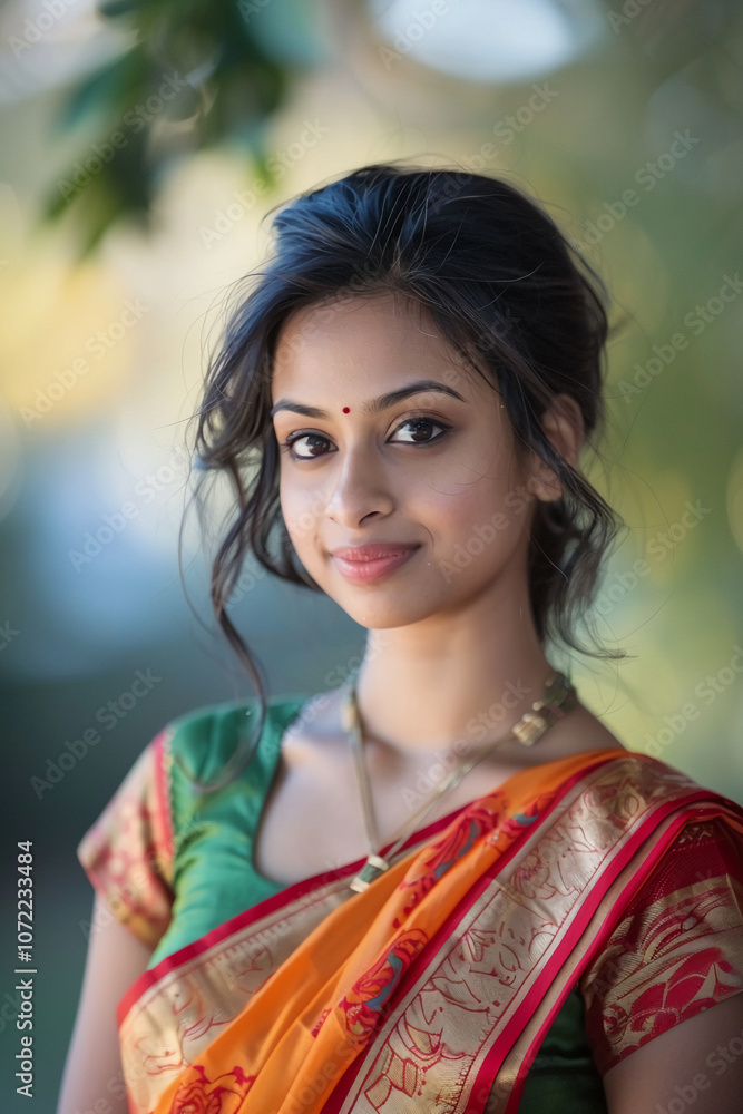 Fototapeta premium A woman wearing a traditional Indian saree smiles at the camera in front of a blurred green background