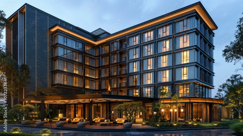 Modern Architectural Hotel Building at Dusk Modern Architectural Hotel Building at Dusk