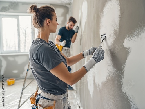 A couple collaborates while painting walls during a home renovation