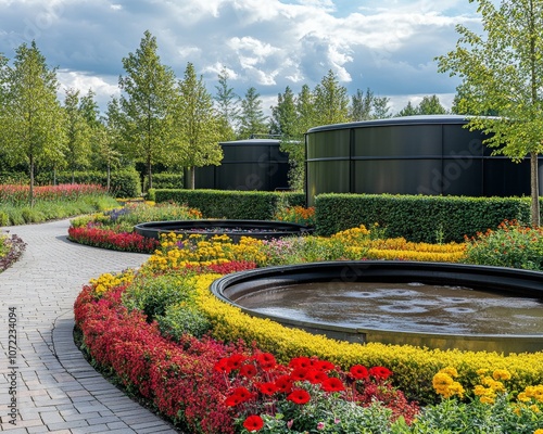 Modern Garden Design with Circular Ponds and Concrete Structures.