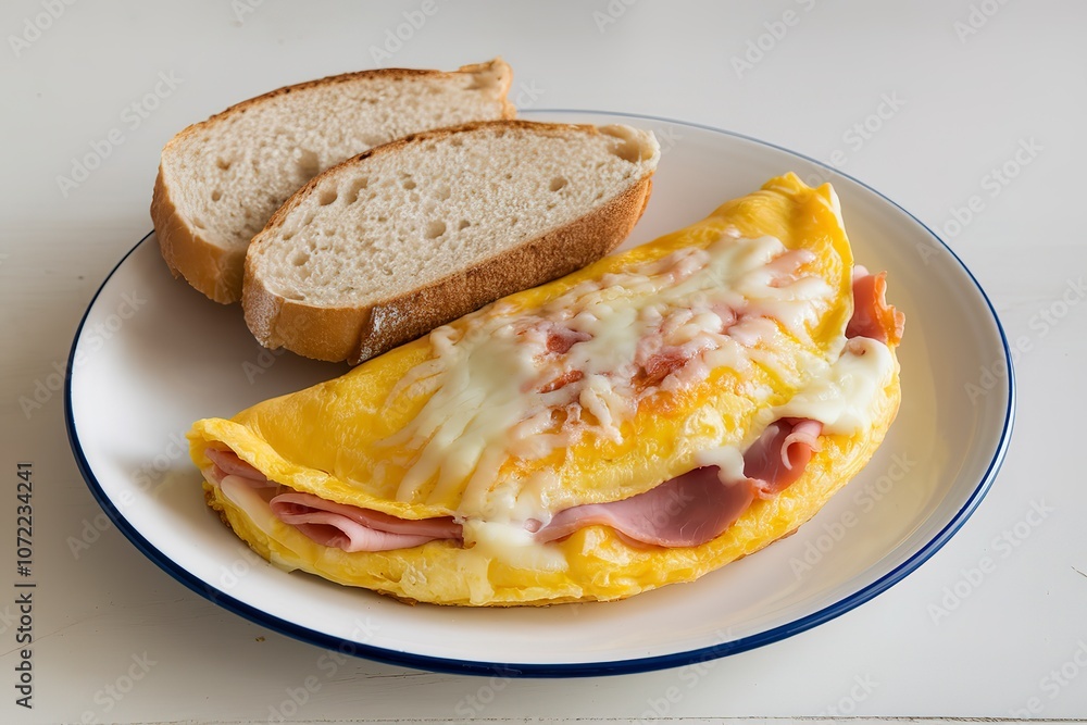 a breakfast plate with a fluffy omelette filled with crispy bacon and covered with melted cheese a breakfast plate with a fluffy omelette filled with crispy bacon and covered with melted cheese
