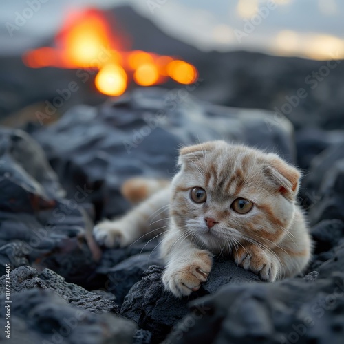 Cat in front of a volcanic eruption photo