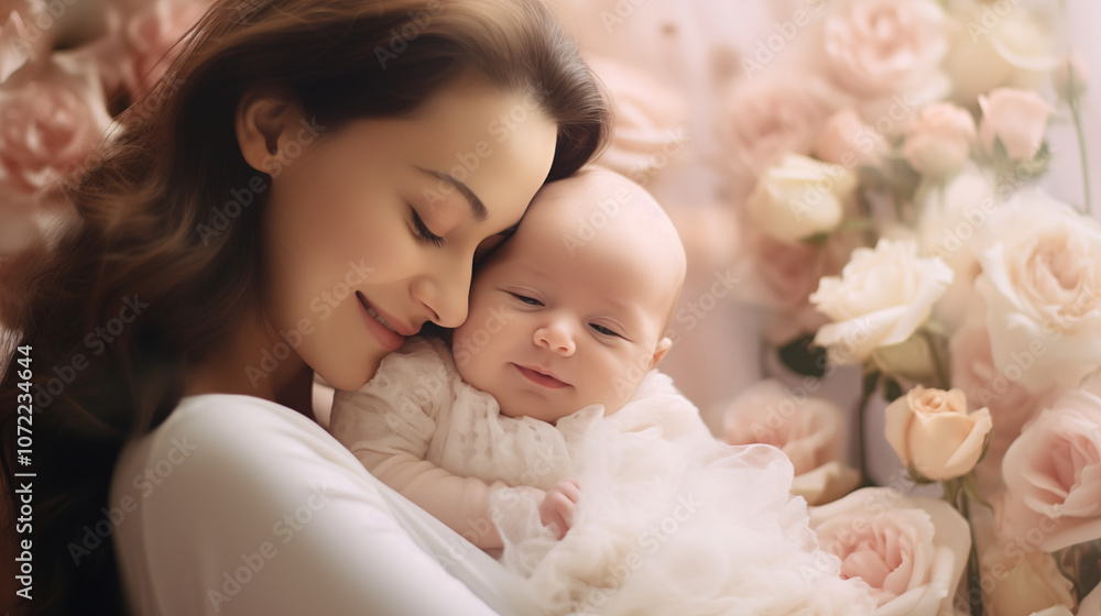 Mother and baby, holding snuggling and caressing Mother and baby, holding snuggling and caressing