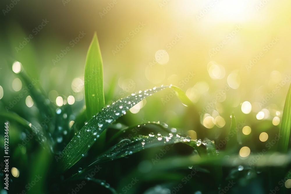 Tranquil dawn in a lush green field with dew-kissed grass for nature and serenity themes Tranquil dawn in a lush green field with dew-kissed grass for nature and serenity themes