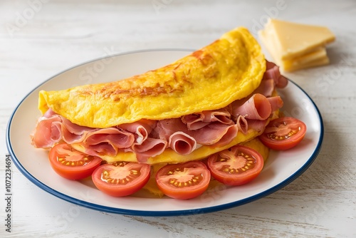 a French tall omelette with jamon and sliced cherry tomatoes photo