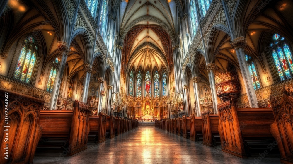 Majestic interior of a historic cathedral with ornate architecture and stained glass windows Majestic interior of a historic cathedral with ornate architecture and stained glass windows