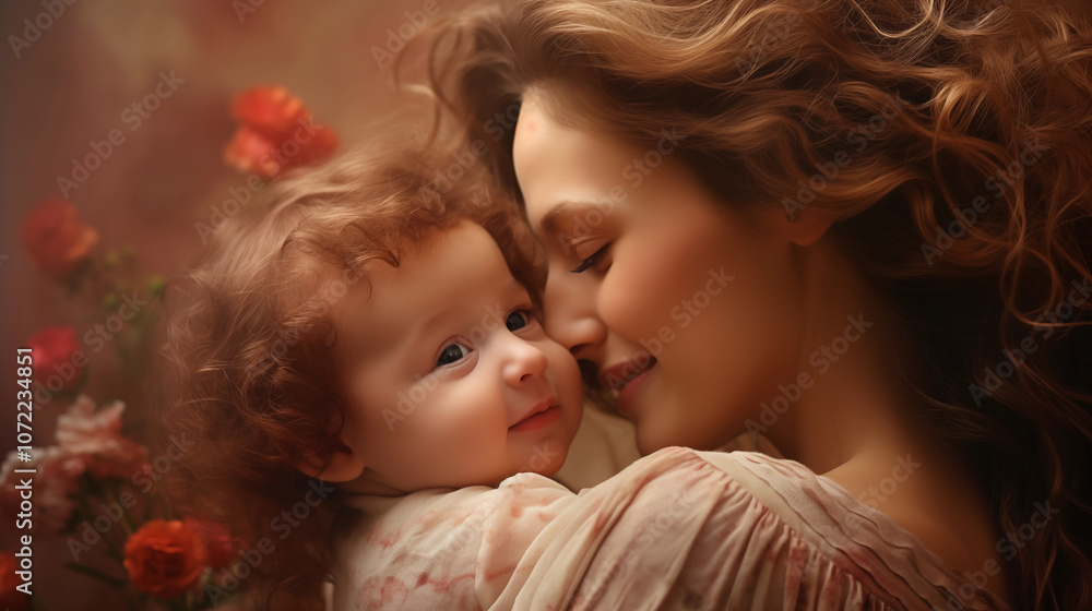 Mother and baby, holding snuggling and caressing Mother and baby, holding snuggling and caressing