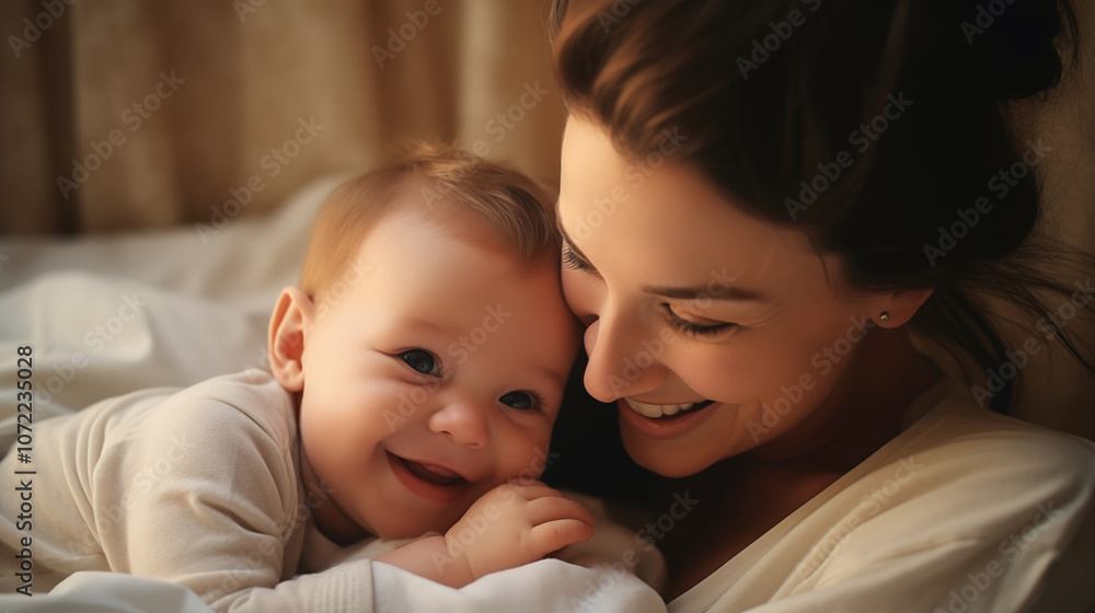 Mother and baby, holding snuggling and caressing Mother and baby, holding snuggling and caressing