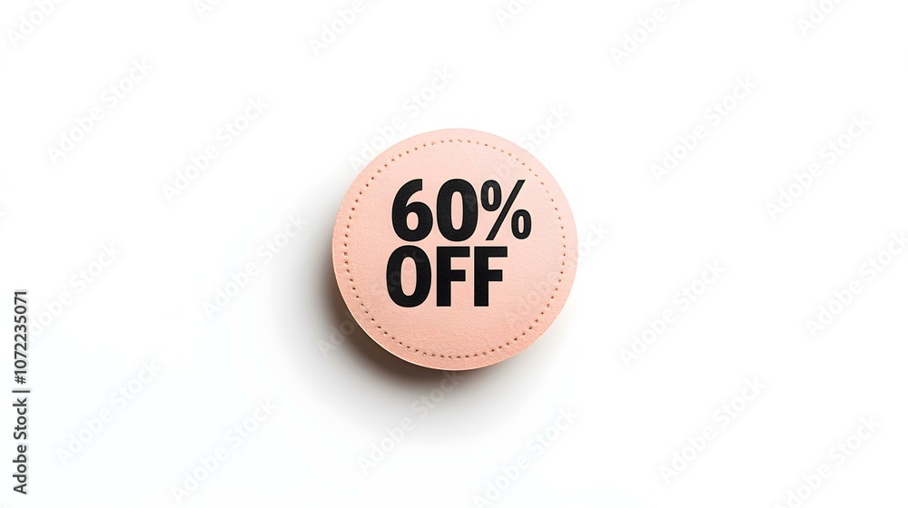Black '60% OFF' Text on a Rose Gold Round Paper Note. White Background with Copy Space Black '60% OFF' Text on a Rose Gold Round Paper Note. White Background with Copy Space