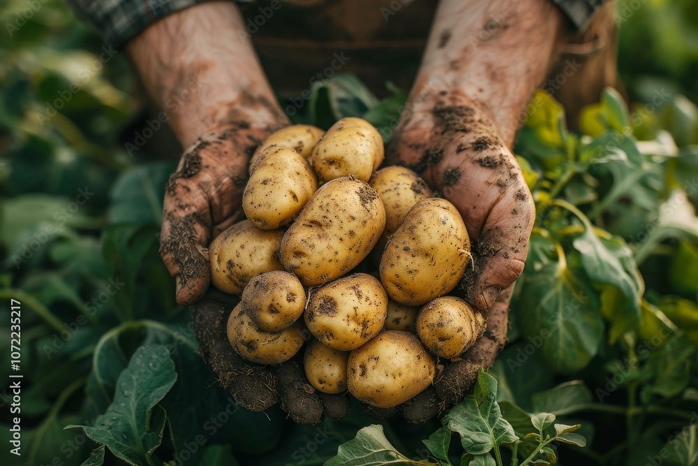 Farmer holding a handful of freshly harvested potatoes Farmer holding a handful of freshly harvested potatoes