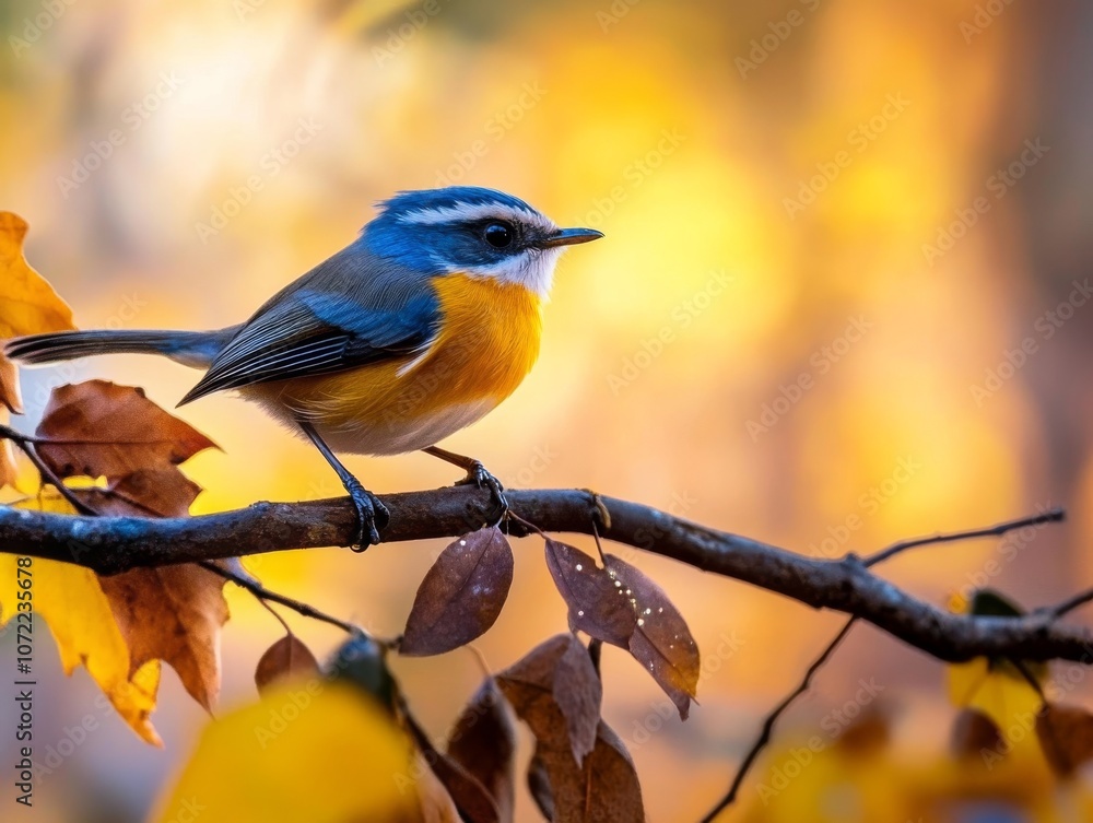 Obraz premium Autumn's Jewel: A vibrant blue and orange bird perches gracefully on a branch adorned with autumn leaves, bathed in the warm glow of the setting sun. 