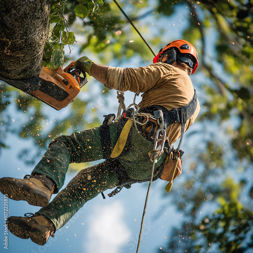 A tree surgeon skillfully trims high branches while suspended in a harness, surrounded by flying sawdust, with a vibrant park and clear blue sky below
