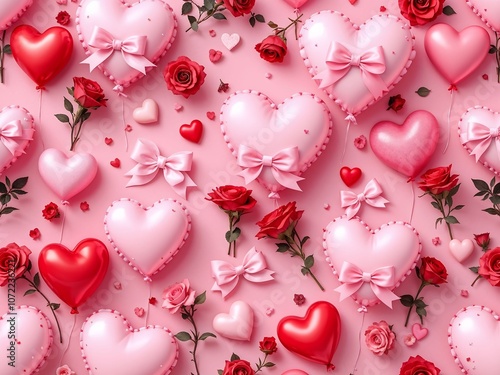 A Playful 3D Pattern of Heart-Shaped Balloons, Pink Bows, and Red Roses, Perfect for Fun and Festive Valentine's Day Celebrations