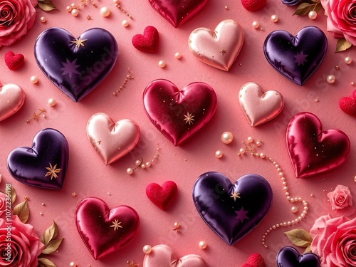 Luxurious 3D Pattern Featuring Red Velvet Hearts, Gold Roses, and Pearls, Creating an Elegant Valentine's Day Design for Premium Holiday Projects